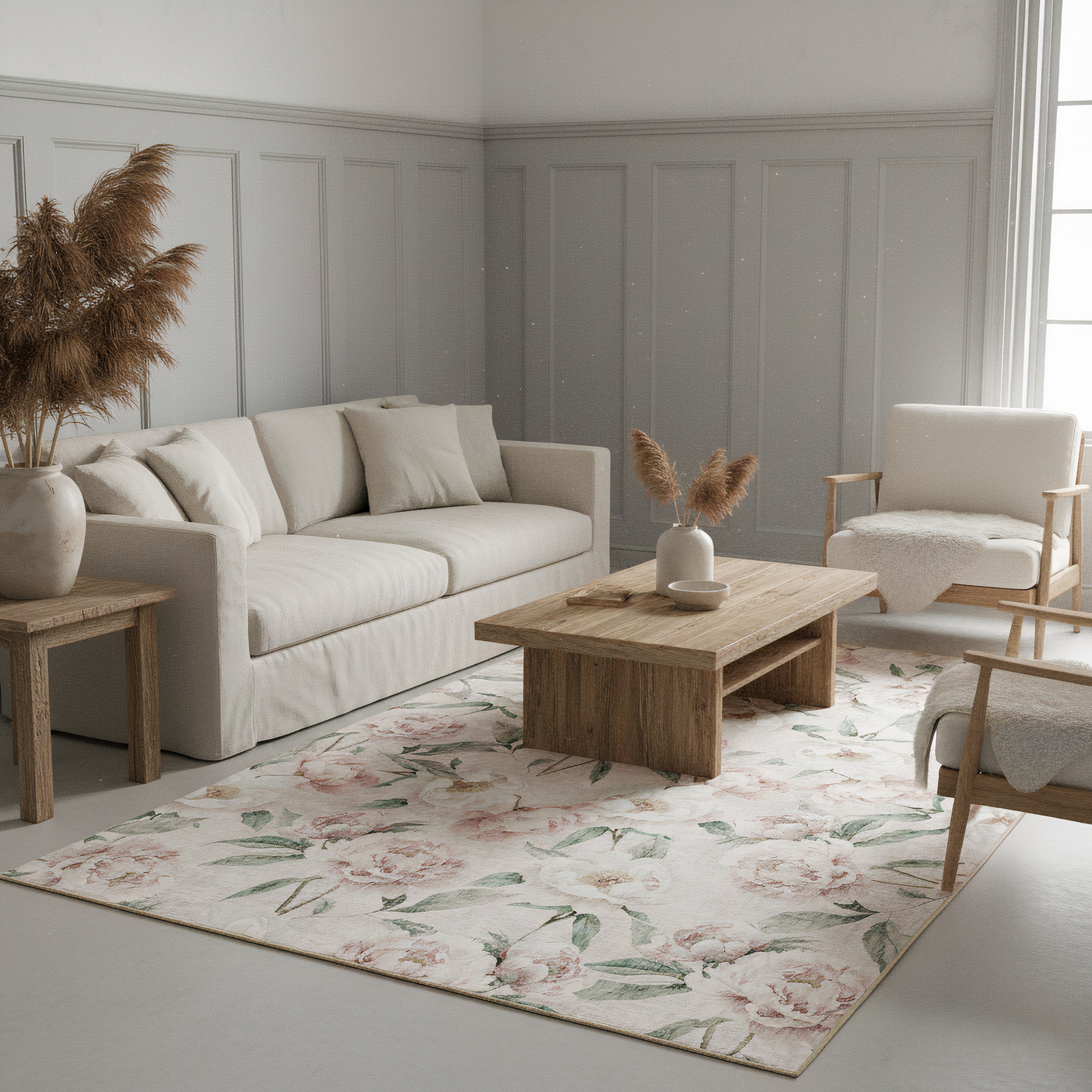 Tappeto eco-lavabile - Blooming Peonies Oyster Pink