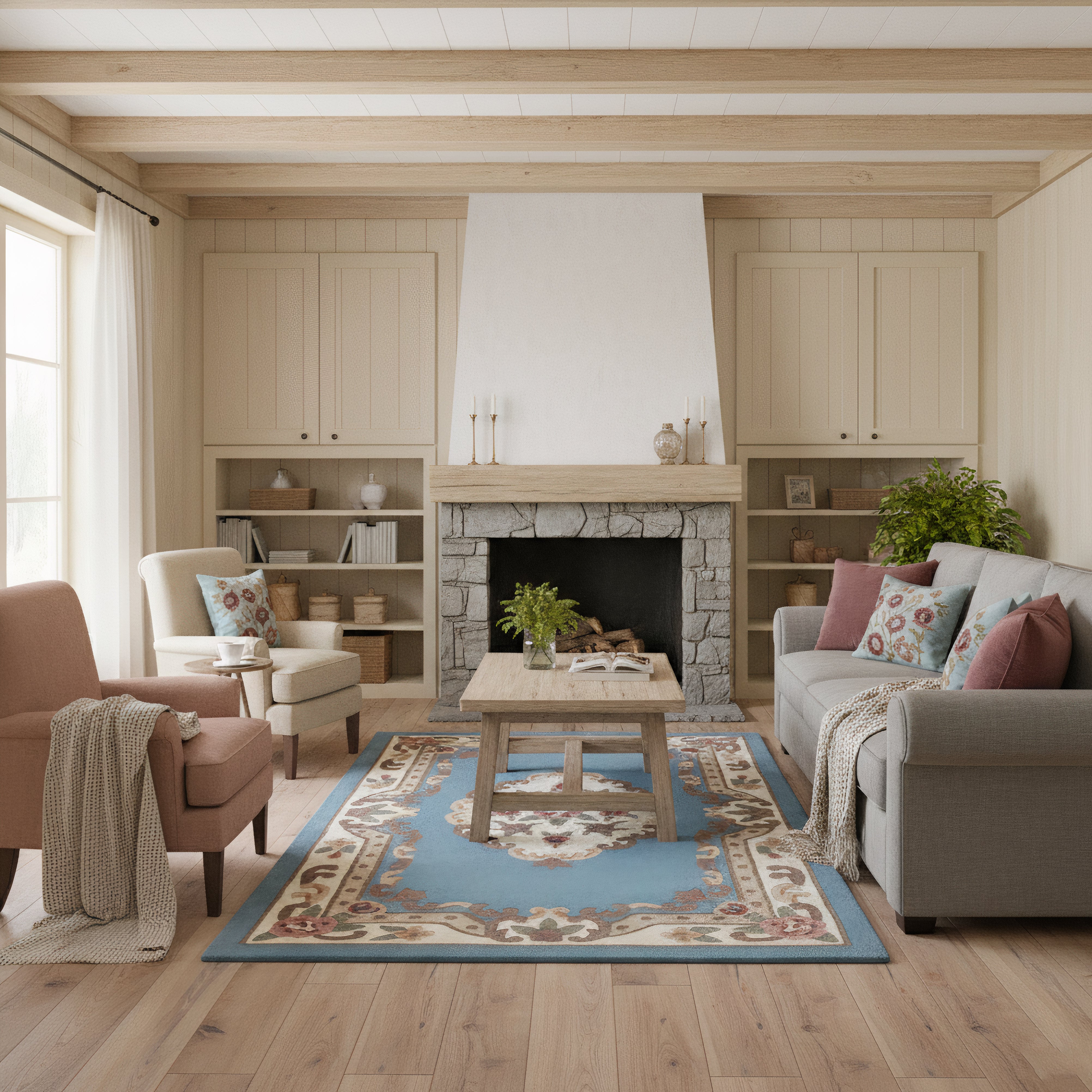 Vintage Motif - Blue Cushioned Wool Rug