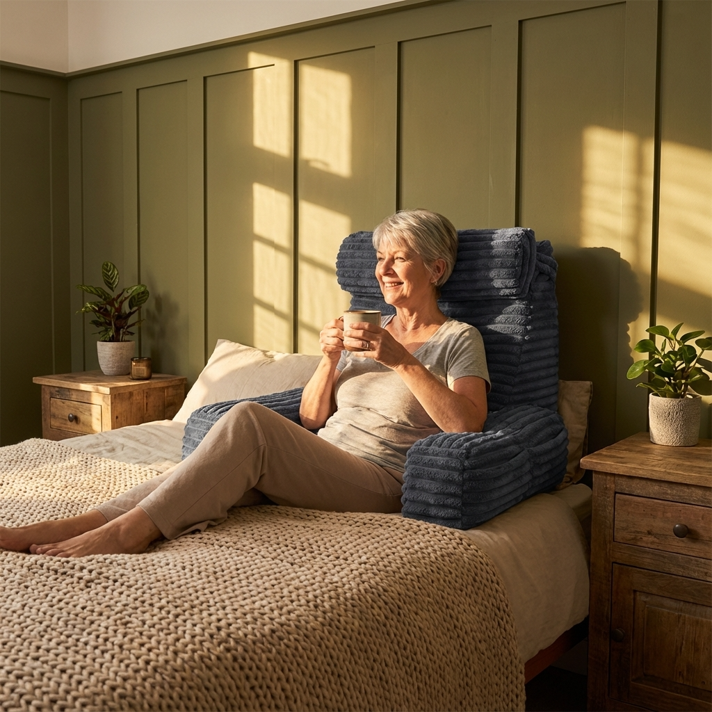 Luxuriöses Rückenkissen mit Armlehnen und verstellbarer Kopfstütze