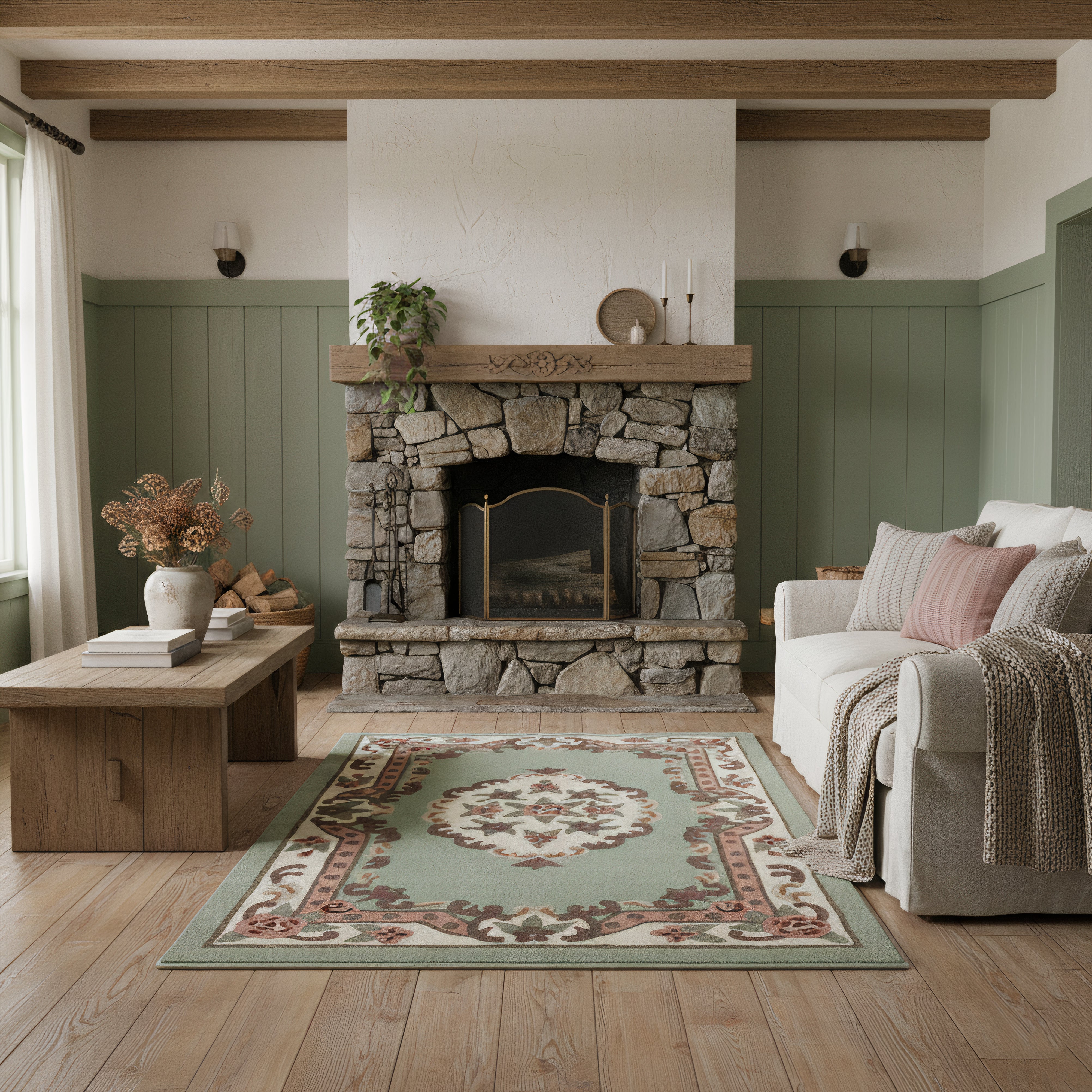 Vintage Motif - Green Cushioned Wool Rug