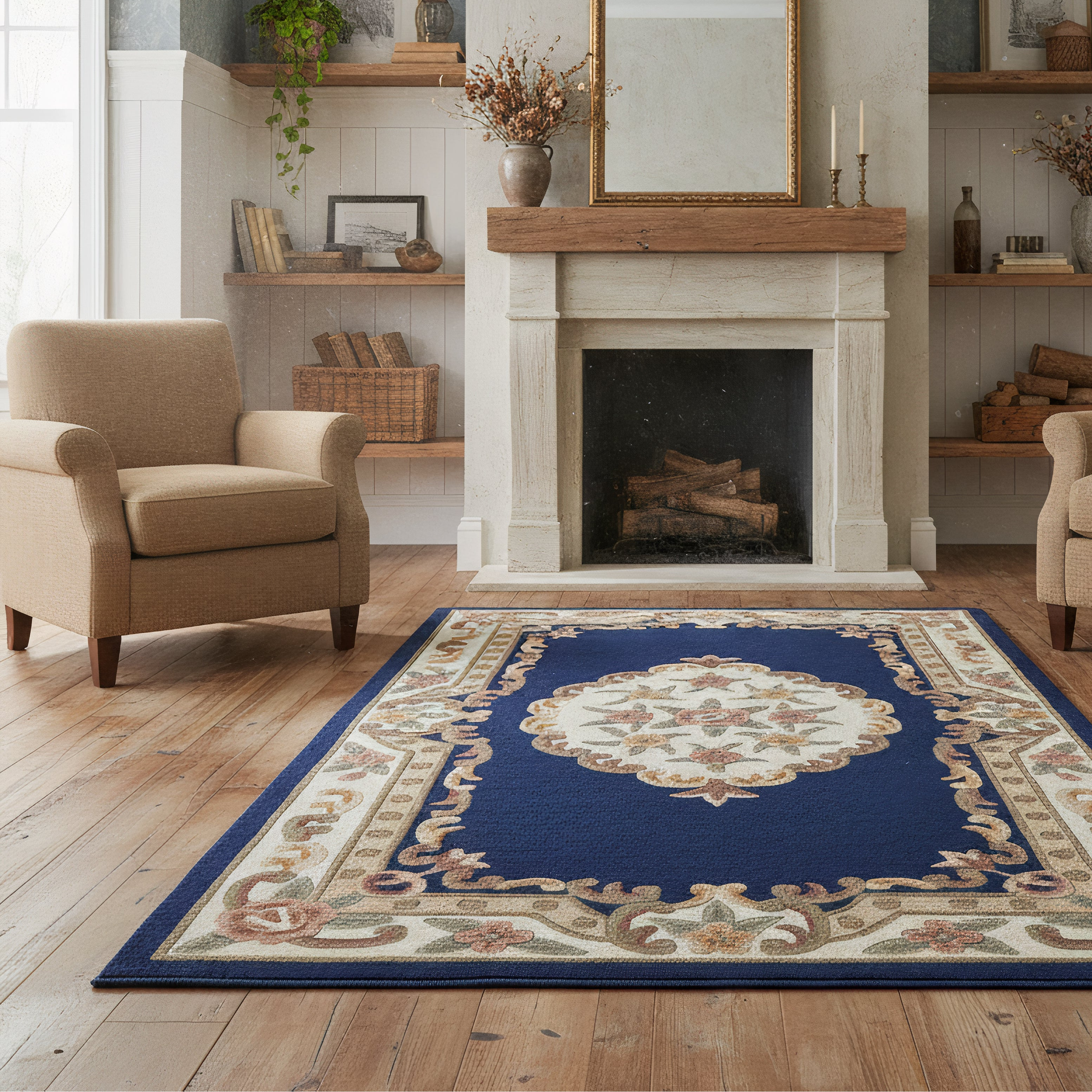 Vintage Motif - Navy Blue Cushioned Wool Rug
