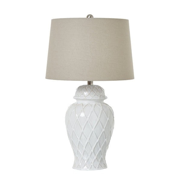 Lampada a sospensione in ceramica bianca con paralume in lino, a forma di vaso di zenzero.