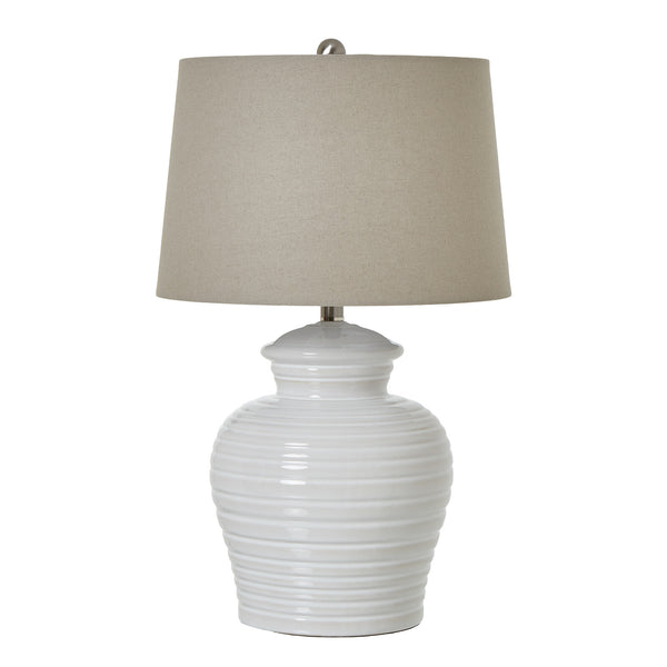 Lampada a sospensione in ceramica bianca con paralume in lino