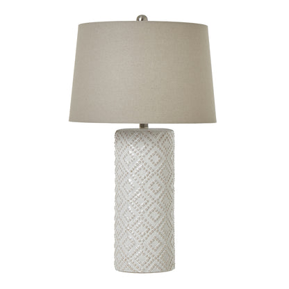 White Beaded Ceramic Lamp With Linen Lampshade