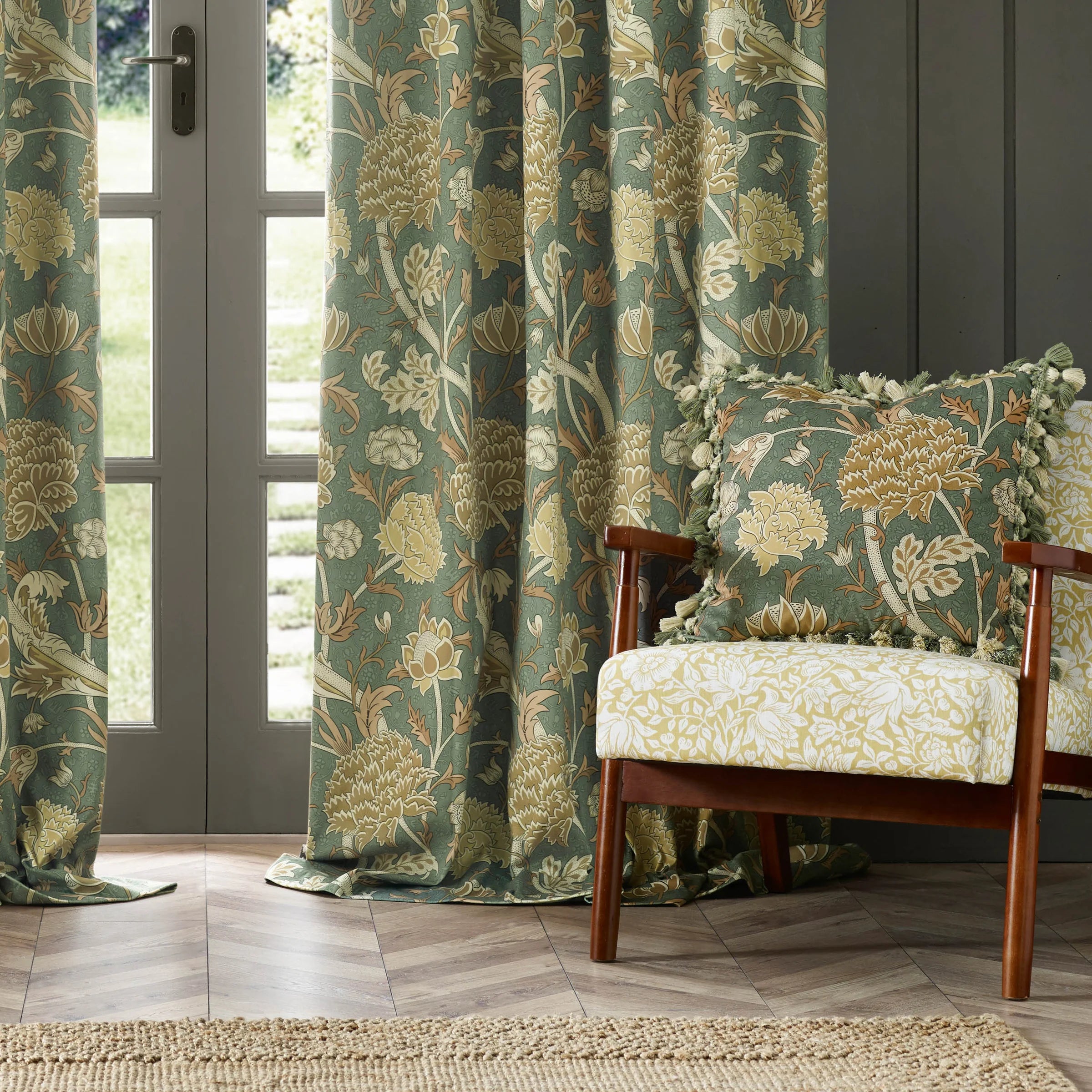 Tende a pieghe a matita in jacquard Brook Woodland - Lino
