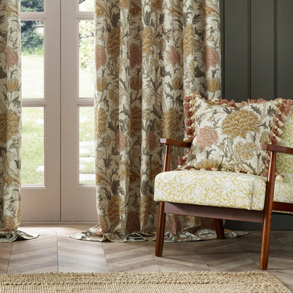 Cray Floral Velvet Pencil Pleat Curtains - Stone/Clay