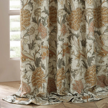 Cray Floral Velvet Pencil Pleat Curtains - Stone/Clay
