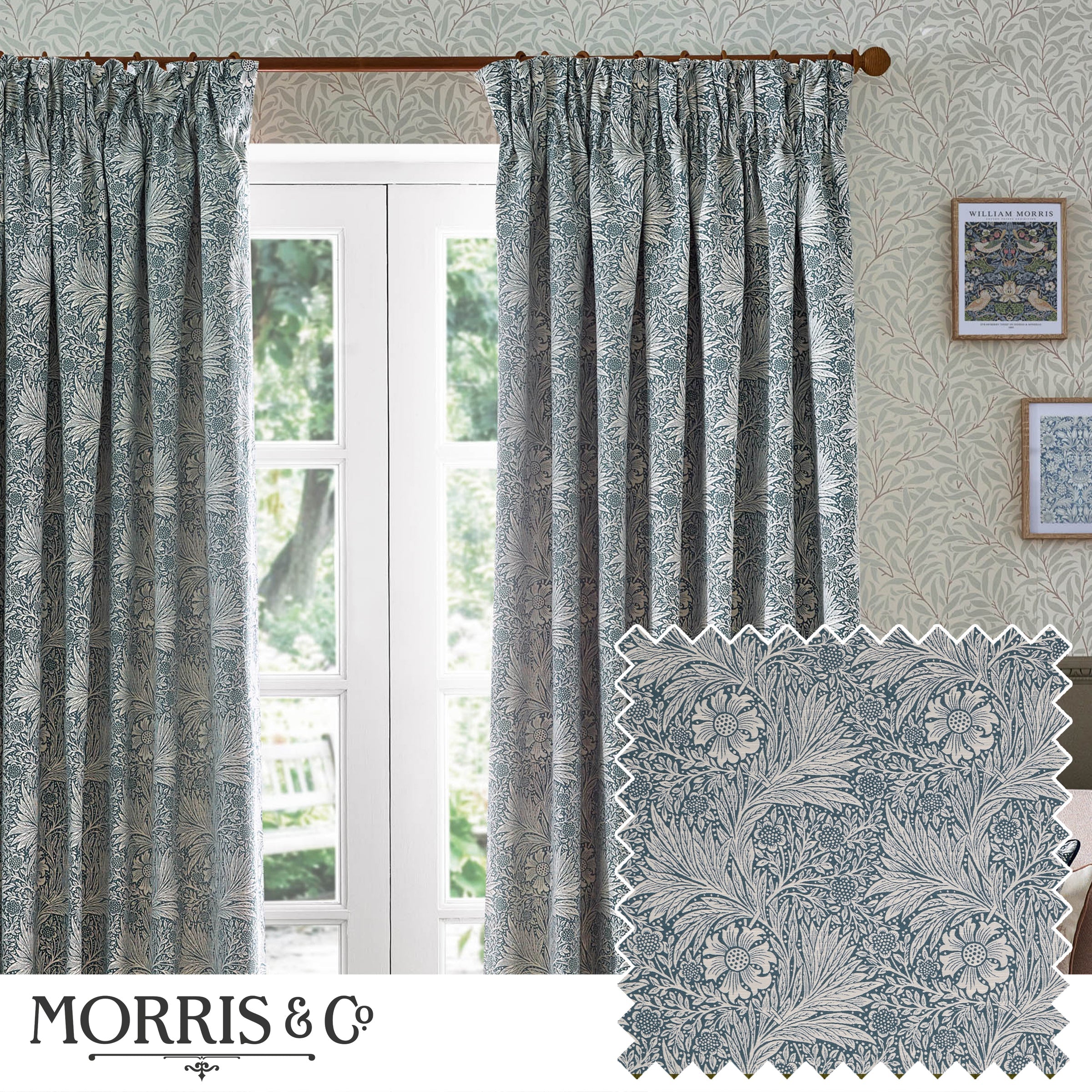 Marigold Floral Jacquard Pencil Pleat Curtains - Indigo