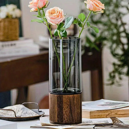 Vaso in vetro grigio fumo nordico con supporto in legno