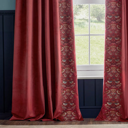 Strawberry Thief Embroidered Floral Velvet Pencil Pleat Curtains - Berry