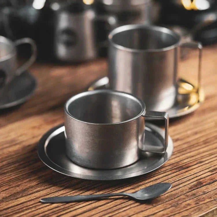 Stainless Steel Coffee Cup With Matching Saucer & Spoon