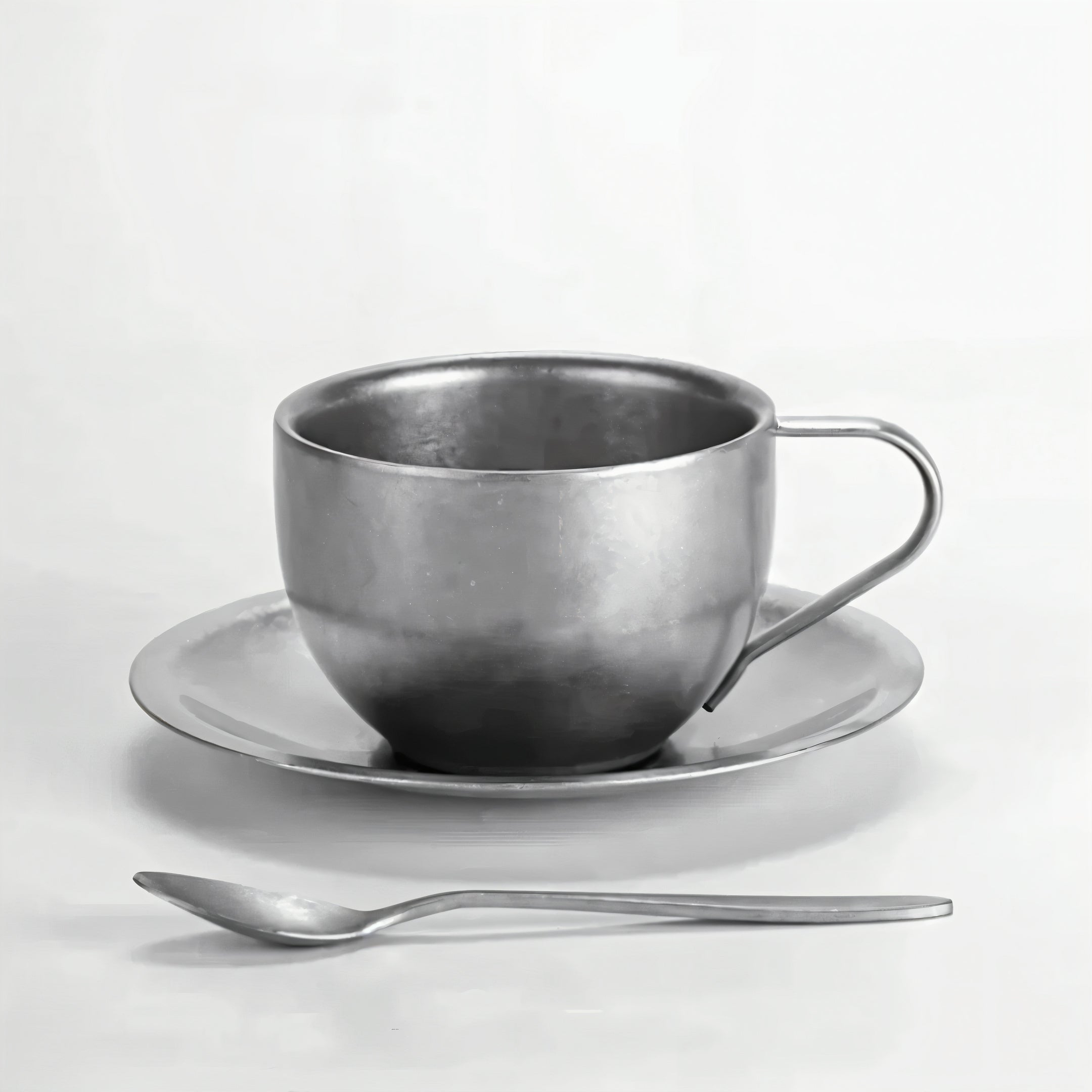 Kaffeetasse aus Edelstahl mit passender Untertasse und Löffel