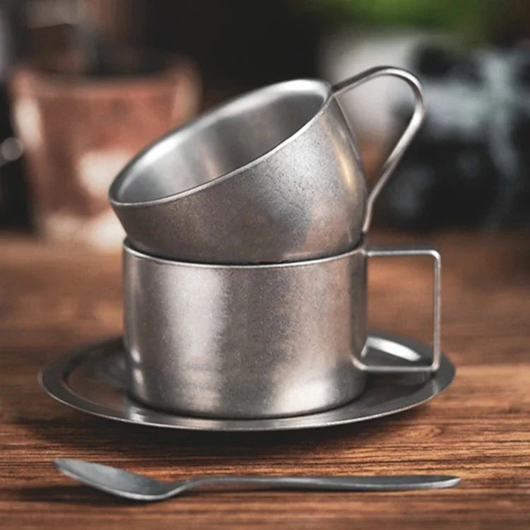 Stainless Steel Coffee Cup With Matching Saucer & Spoon