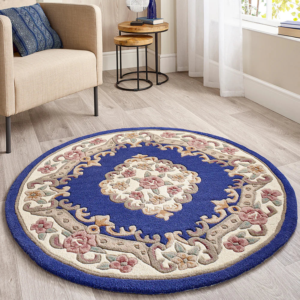 Vintage Motif - Navy Blue Cushioned Wool Rug