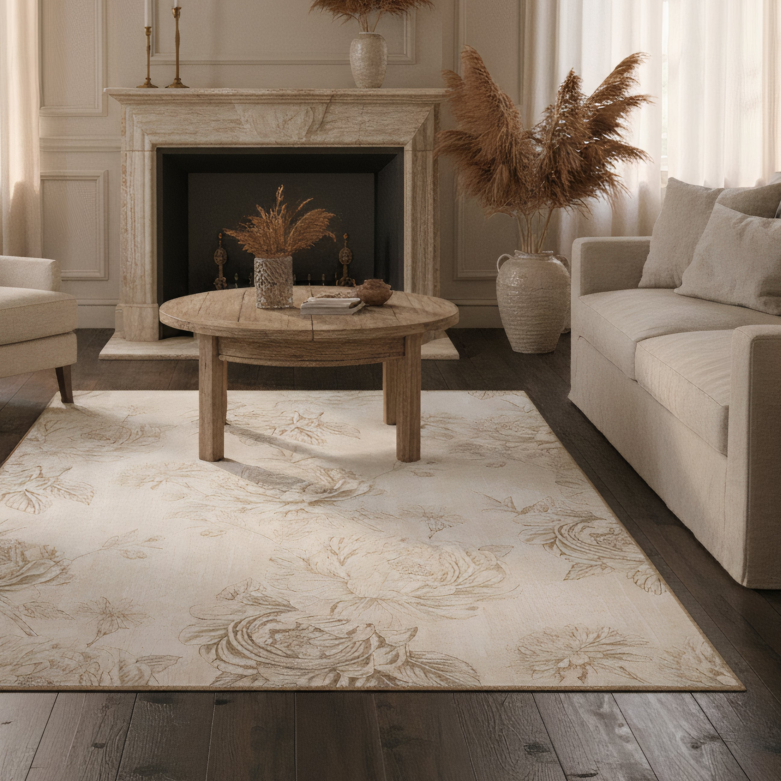 Eco-Washable Rug - Floral Beige