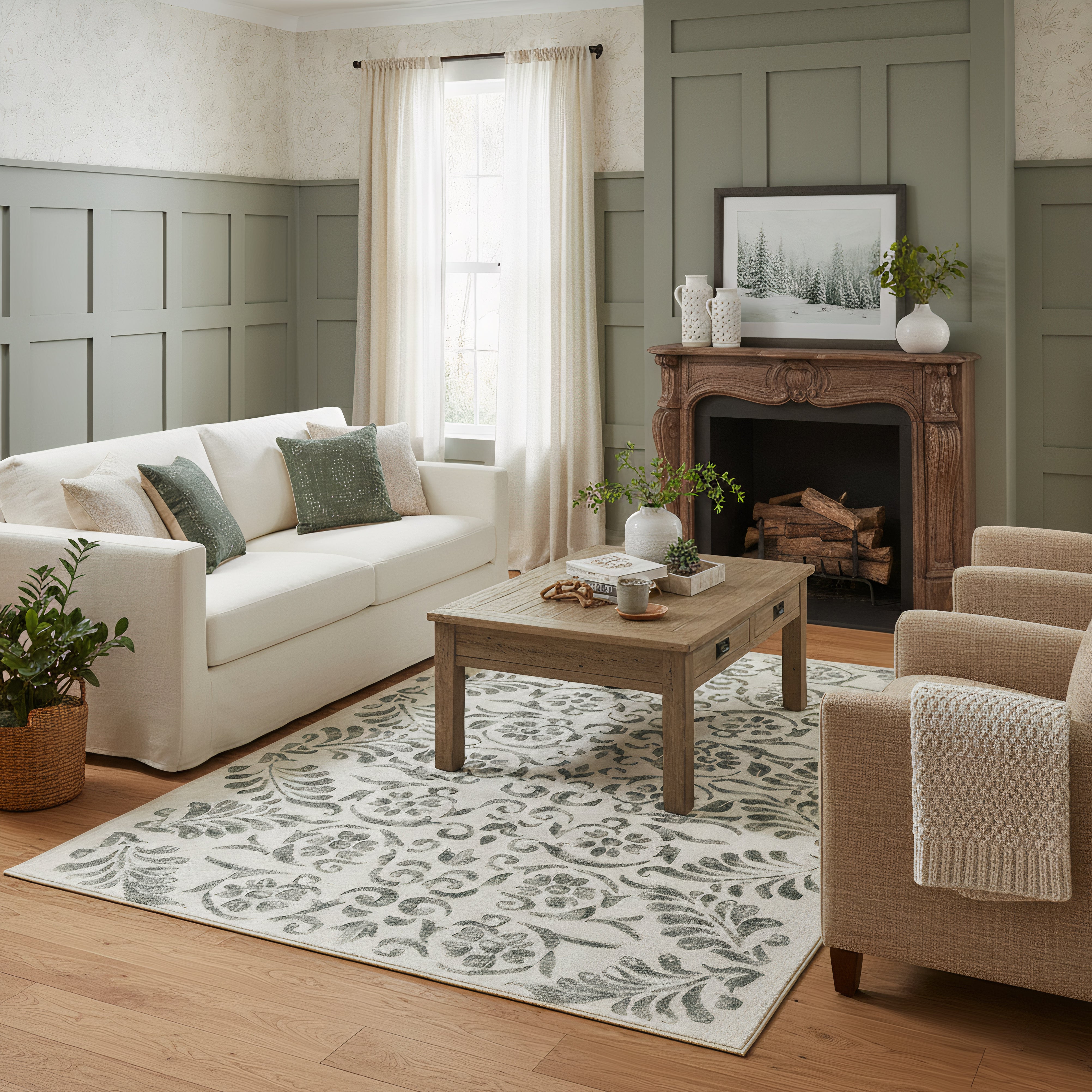 Eco-Washable Rug - Vintage Scroll Green