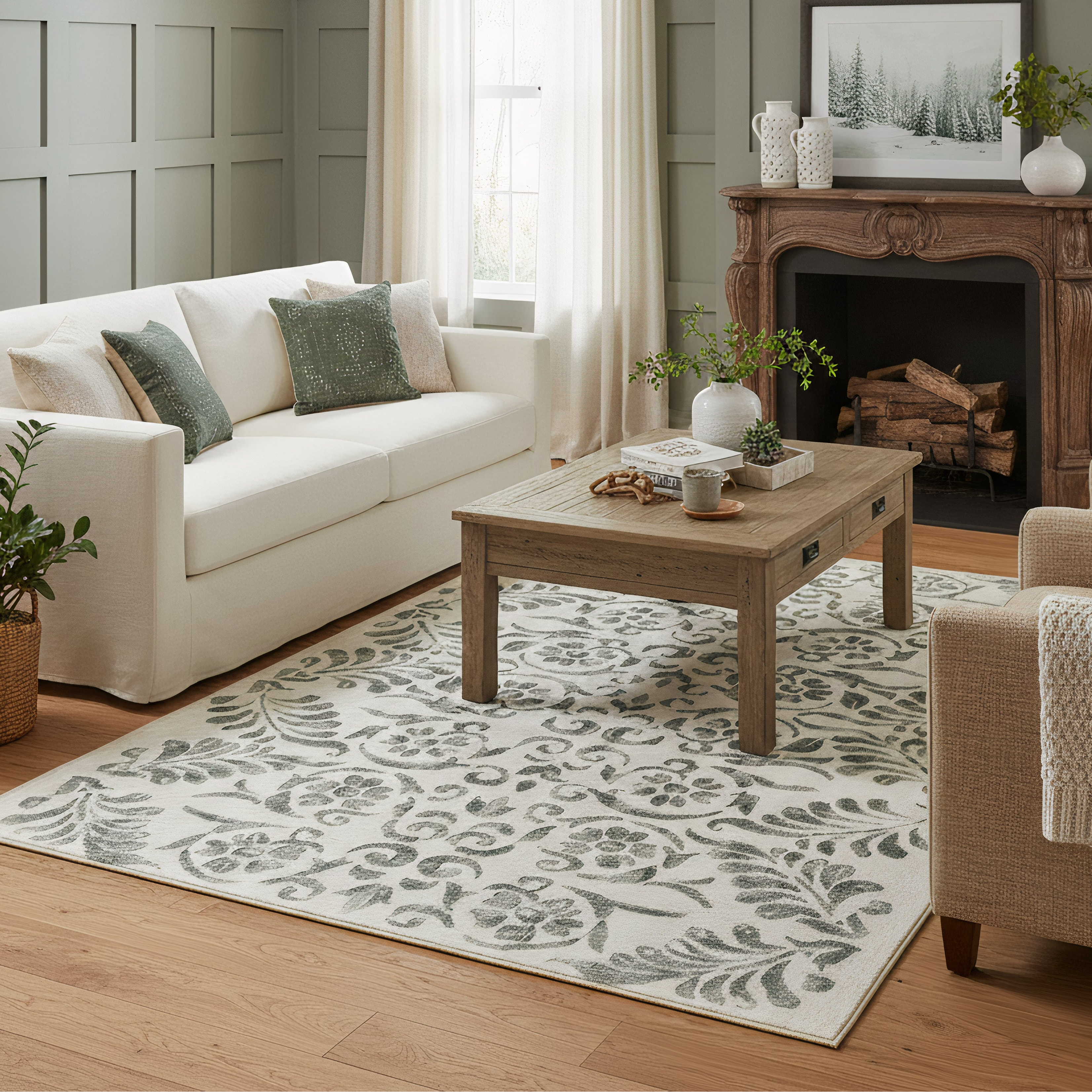 Eco-Washable Rug - Vintage Scroll Green