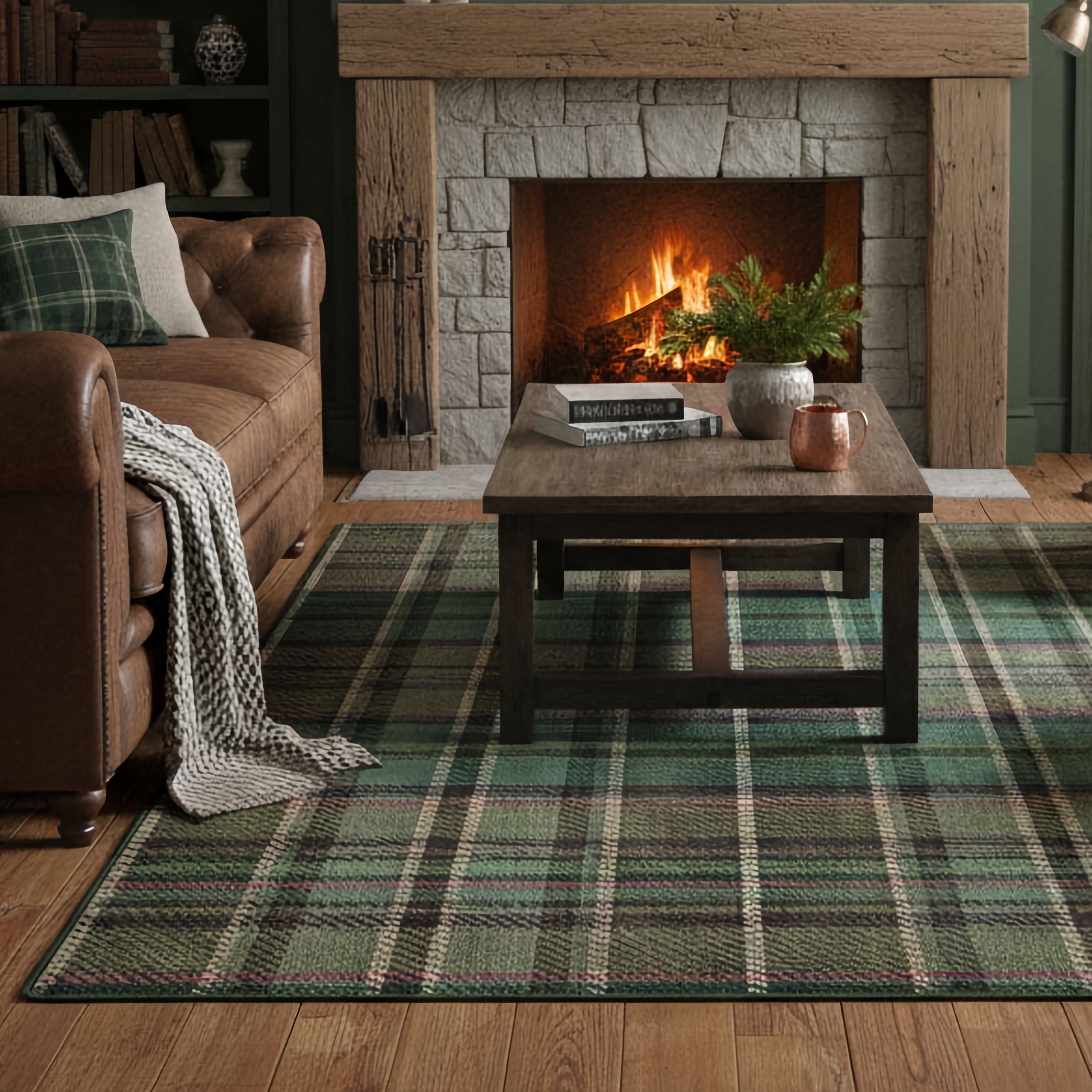 Eco-Washable Rug - Emerald Plaid