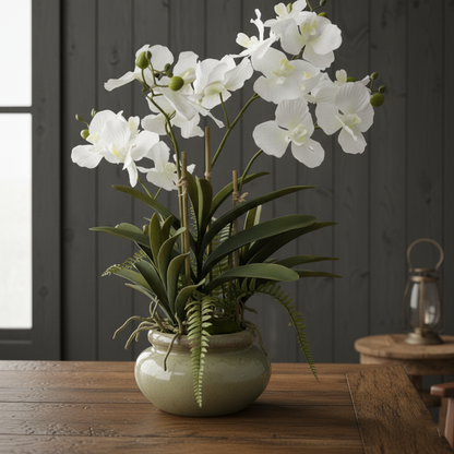 Faux White Vanda Orchid Plant In Ceramic Pot